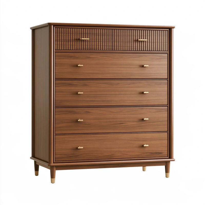 Kommode 100 x 45 x 120 cm in Nussbraun Holz mit fünf Schubladen im Mid Century Stil