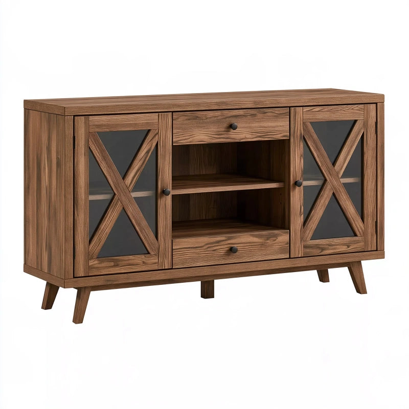 Sideboard 140 x 40 x 85 cm Holz walnussbraun mit Glastüren im Landhausstil