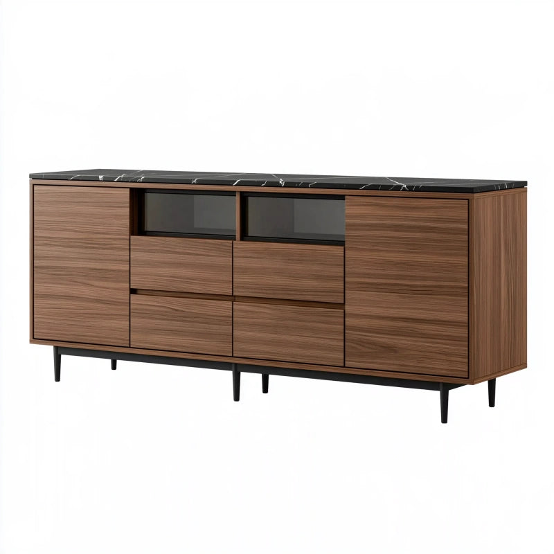 Sideboard 180 x 45 x 85 cm in Walnussbraun mit schwarzer Marmoroptik - Stauraummöbel im Mid-Century-Stil